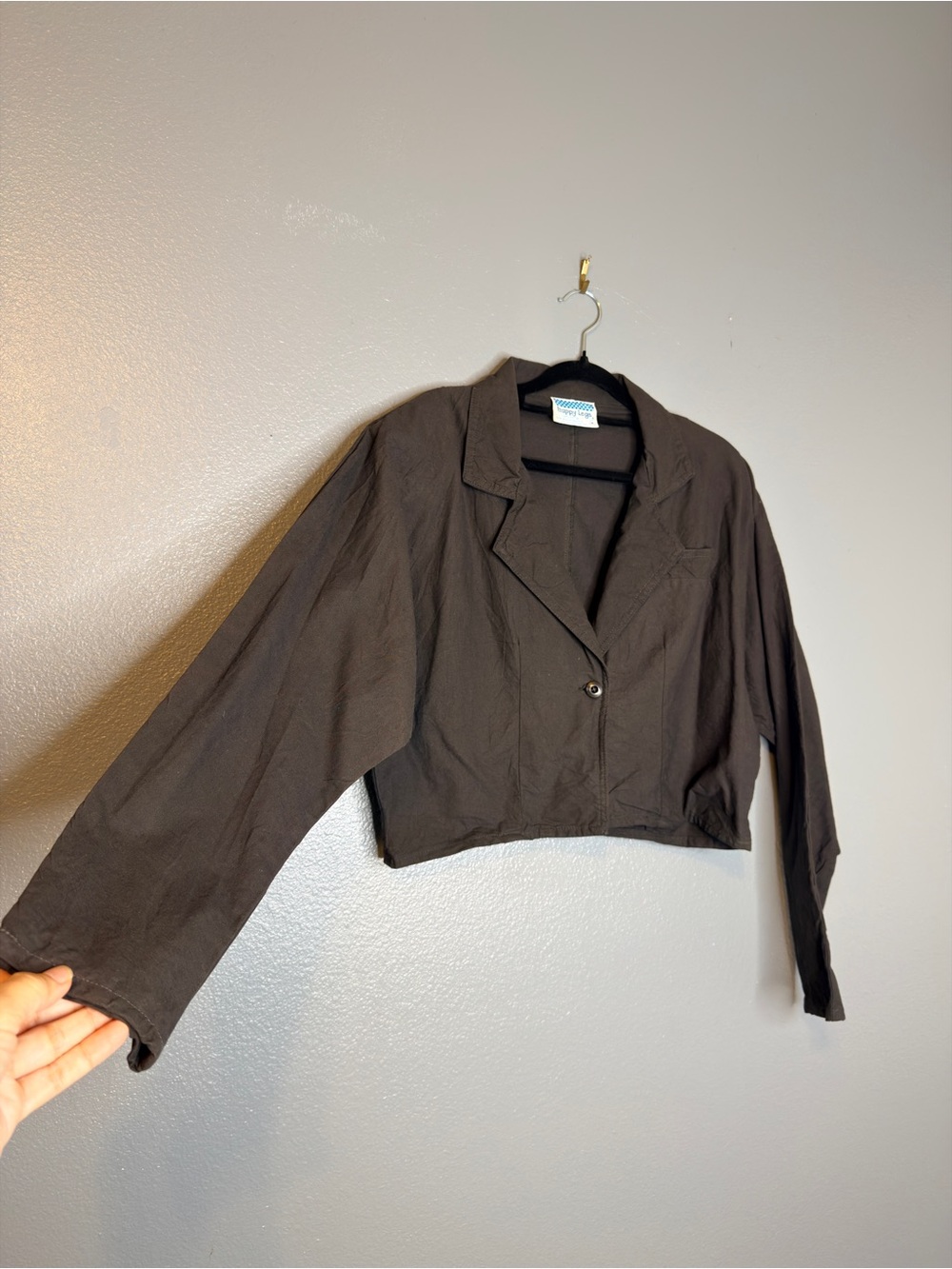 VTG Women's Cropped Black Blazer Jacket - Single-Button Relaxed Cotton Medium